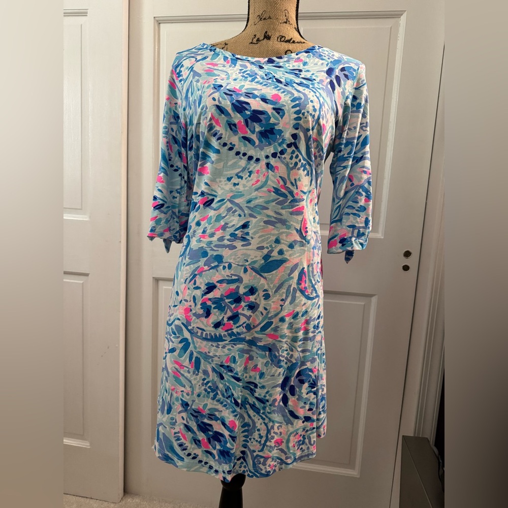 Lilly Pulitzer Blue and Pink Sheath Dress with 3/4 Sleeves
